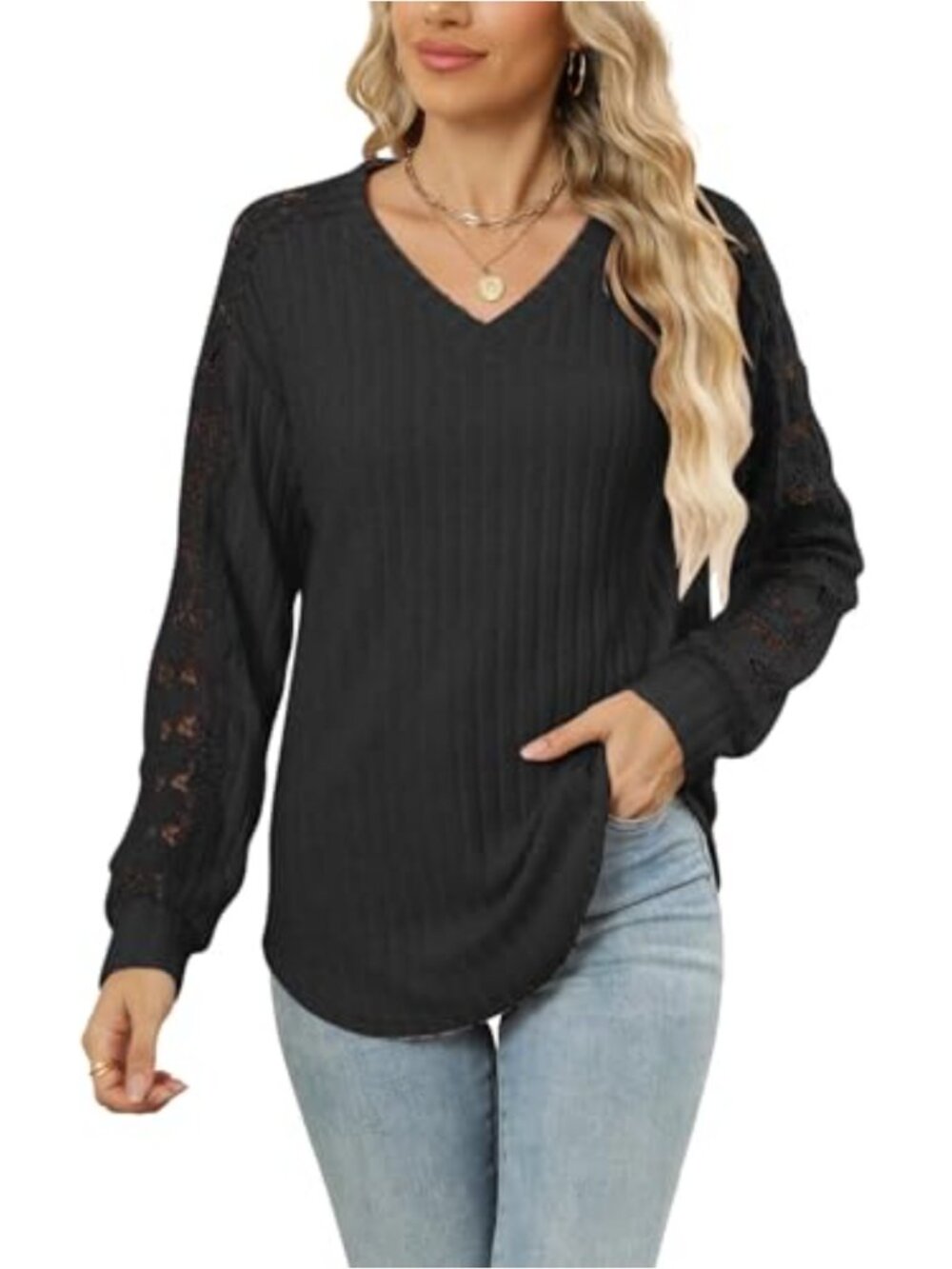 Women's Crochet Knit V Neck Long Sleeve Pullover Sweater Tunic Top